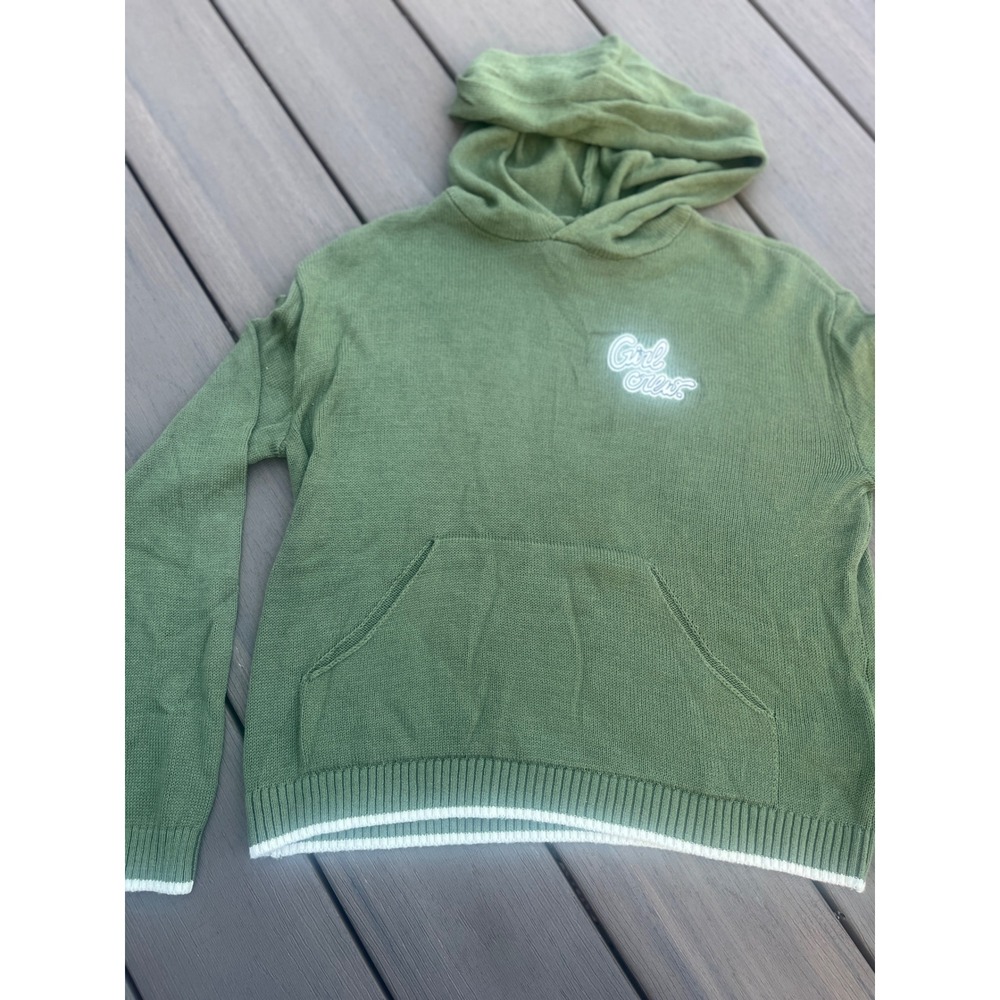 H&M Divided Women Green Girl Crew Knit Hoodie Sweater XS Pocket Striped  (221)